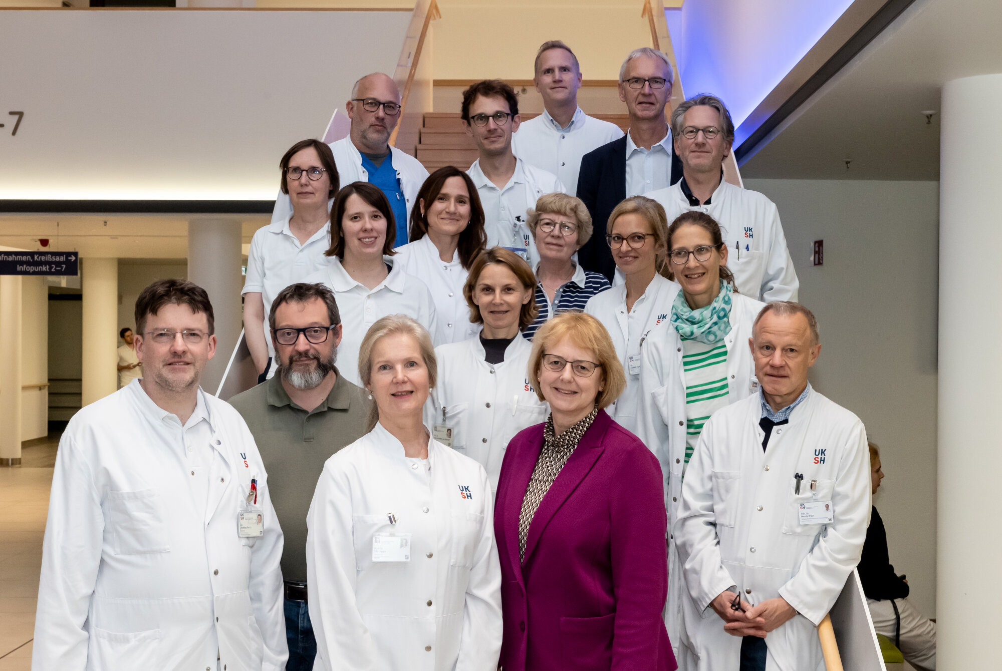Team des Lübecker Allergiezentrums KLIMA mit der Auditorin auf einer Treppe im UKSH